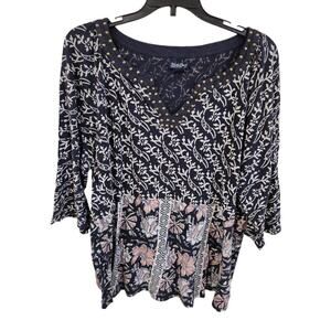 Lucky Brand Blouse Top Womens Sz 2X 3/4 Sleeve Studded Neckline Navy Floral Boho